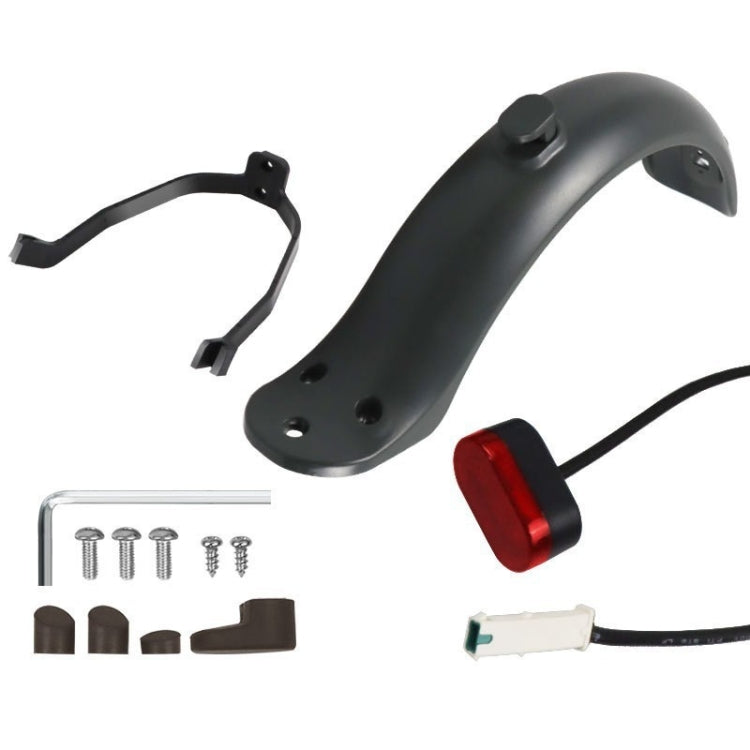 Electric scooter fender and bracket kit with red taillight and included tool, black