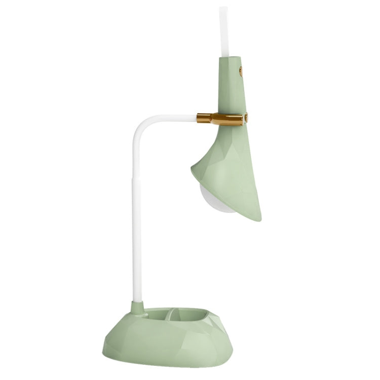 Removable diamond desk lamp in green with white gooseneck and wide base