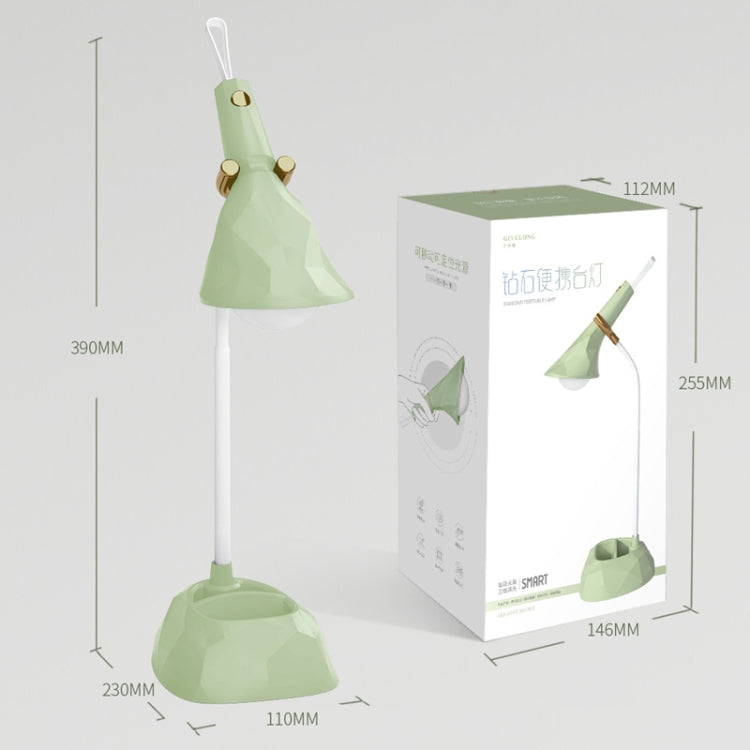 Green and white desk lamp with adjustable neck and stand base