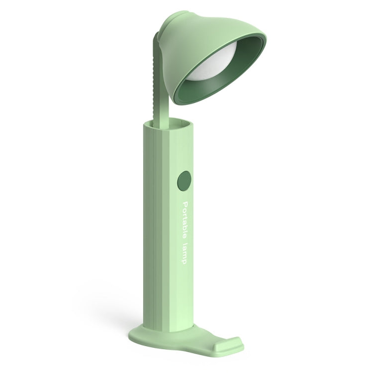 Folding flashlight desk lamp in light green with wide oval light head and rounded base