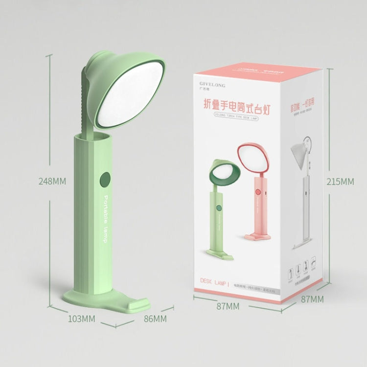 Green folding flashlight desk lamp next to product box with visible dimensions