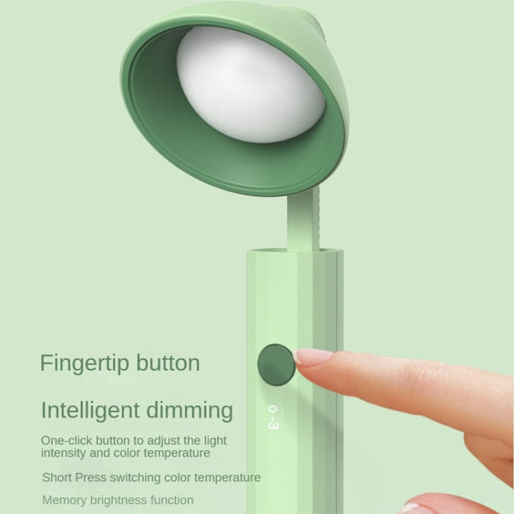 Green folding desk lamp with fingertip button on the stem and round head
