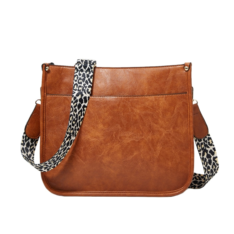 Brown PU leather crossbody tote bag with leopard-print strap and gold hardware