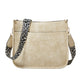 Beige PU leather crossbody tote bag with leopard-print strap and front panel seams