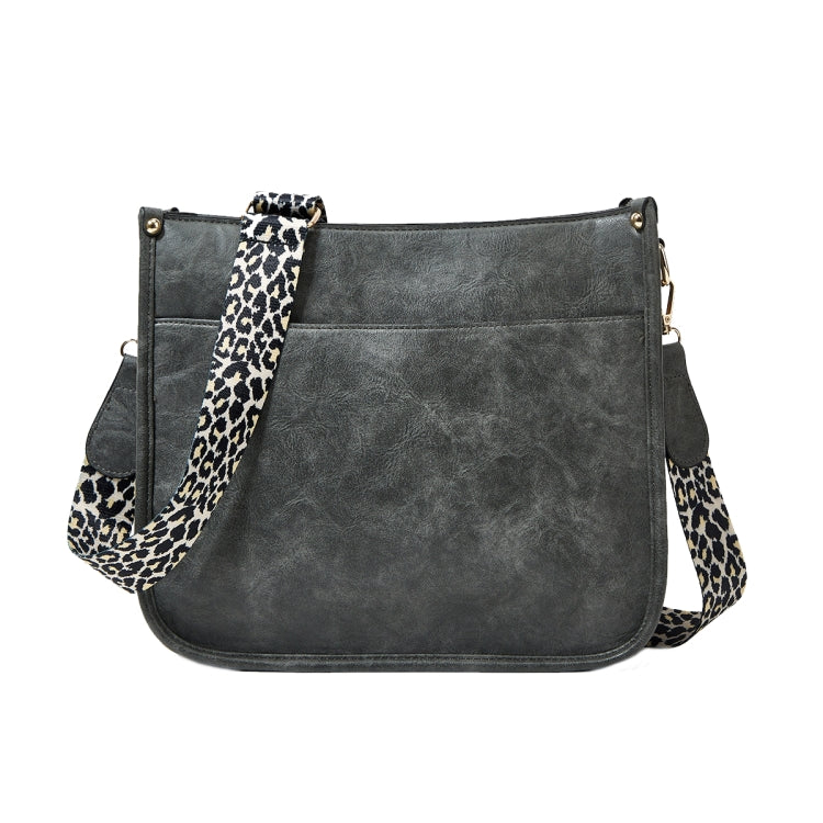 Dark gray PU leather crossbody tote bag with leopard-print strap and flap front pocket