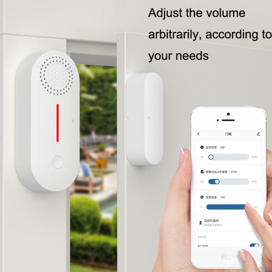 WiFi door/window magnetic sensor alarm on wall with phone app control shown