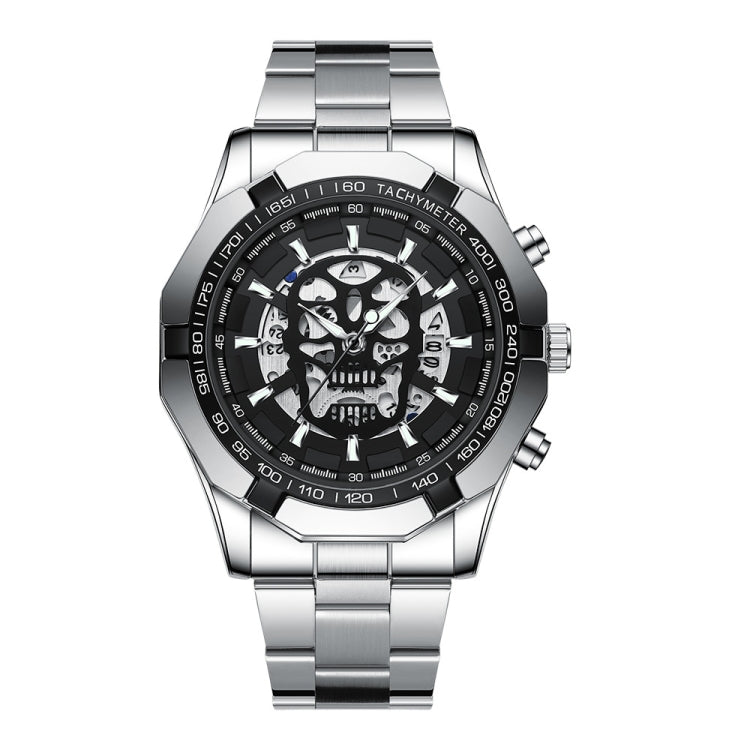 Silver-tone metal wristwatch with black skeleton skull dial and tachymeter bezel