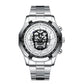 Silver-tone metal wristwatch with white/black skeleton skull dial and tachymeter bezel