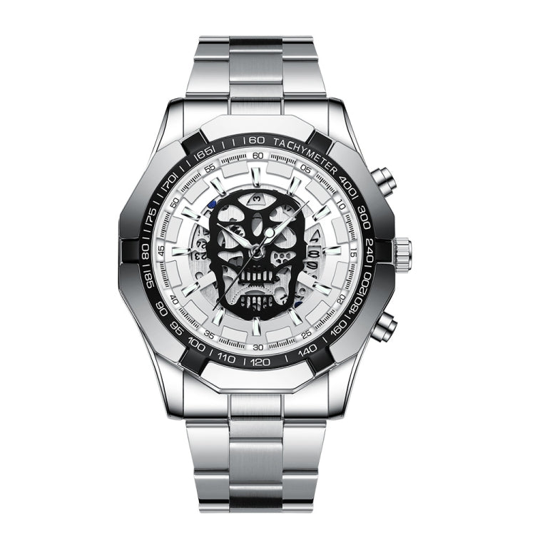 Silver-tone metal wristwatch with white/black skeleton skull dial and tachymeter bezel