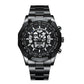 Black metal wristwatch with black skeleton skull dial and tachymeter bezel