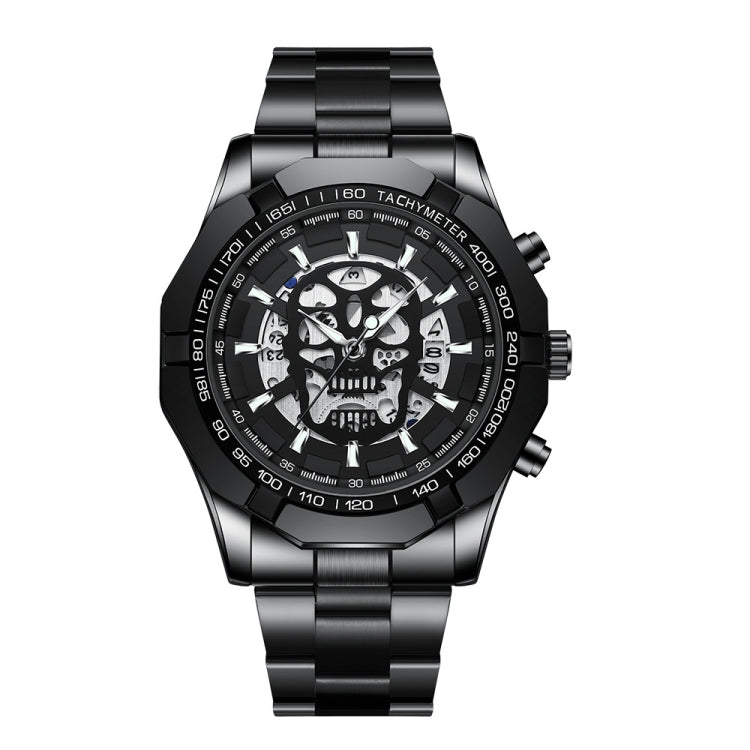 Black metal wristwatch with black skeleton skull dial and tachymeter bezel