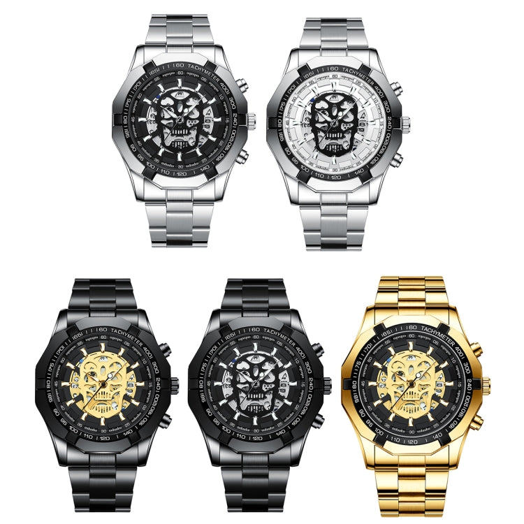 Set of skull skeleton quartz watches with metal bands in black, silver, and gold