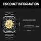 Black metal quartz wristwatch with gold skeleton skull dial and tachymeter bezel