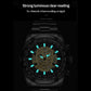 Black skull skeleton quartz watch with glowing blue lume markers on dial