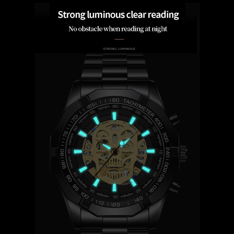 Black skull skeleton quartz watch with glowing blue lume markers on dial