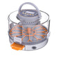 Egg incubator with clear body, orange egg rack, and top control panel under hinged lid