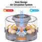 Egg incubator with transparent lid, orange egg tray, and internal air circulation vents