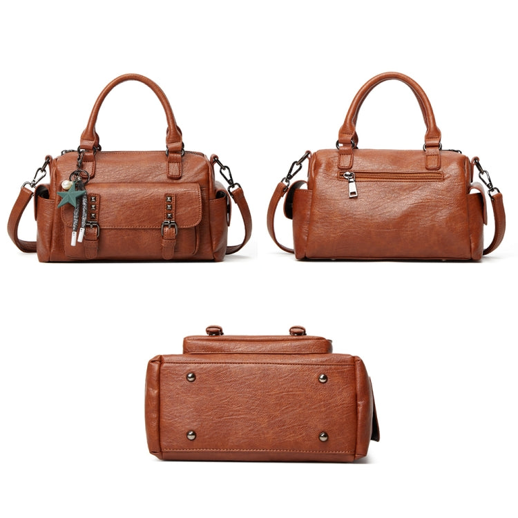 Brown leather handbag shown from front, side, and back with top handles and crossbody strap