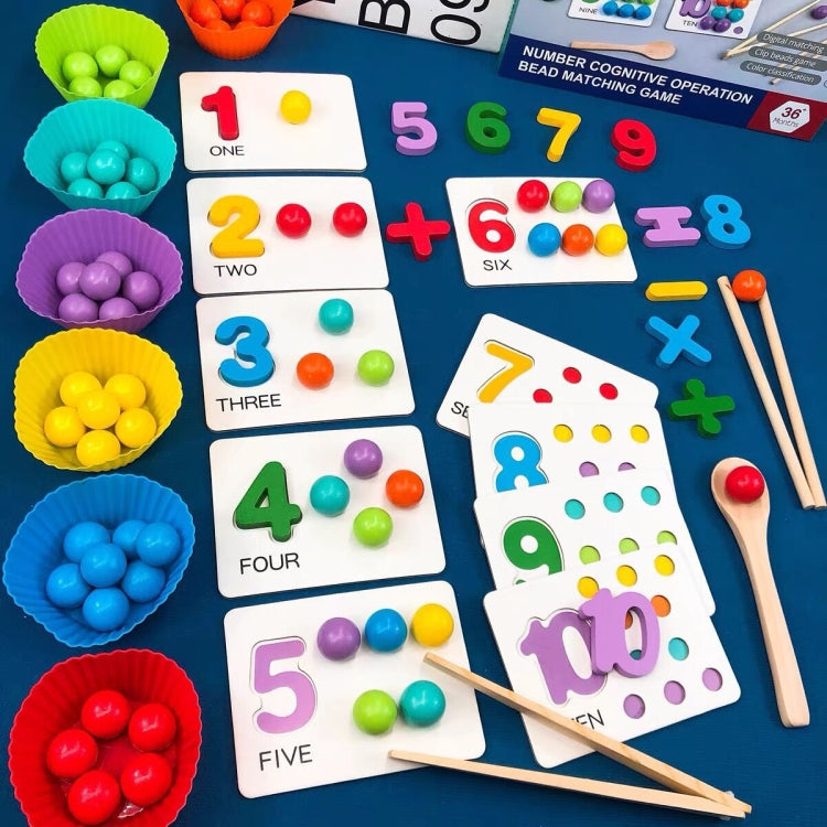 Number operation clip bead puzzle with number cards, beads, and wooden matching sticks