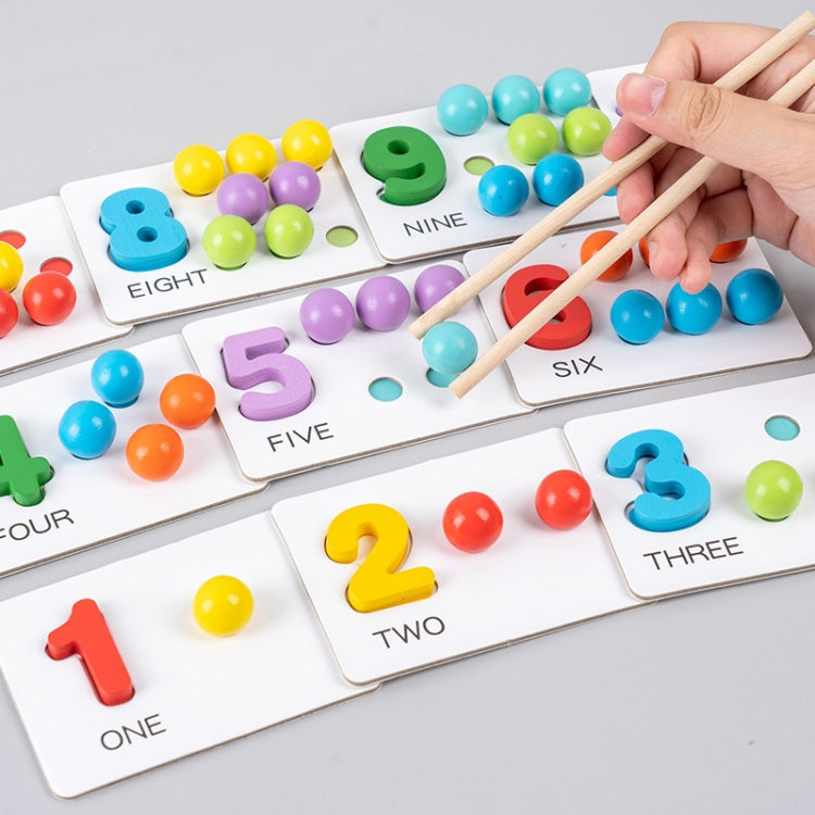 Clip bead number cards with colorful beads, plus wooden sticks held in hand