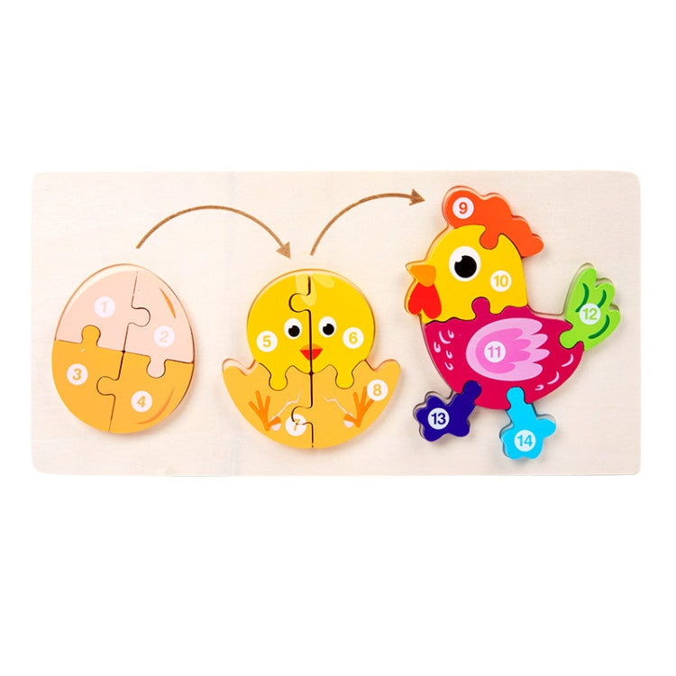 Wooden 3D chicken growth jigsaw puzzle toy with numbered pieces on board