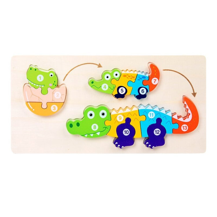 Wooden 3D crocodile growth jigsaw puzzle toy with numbered pieces and arrows