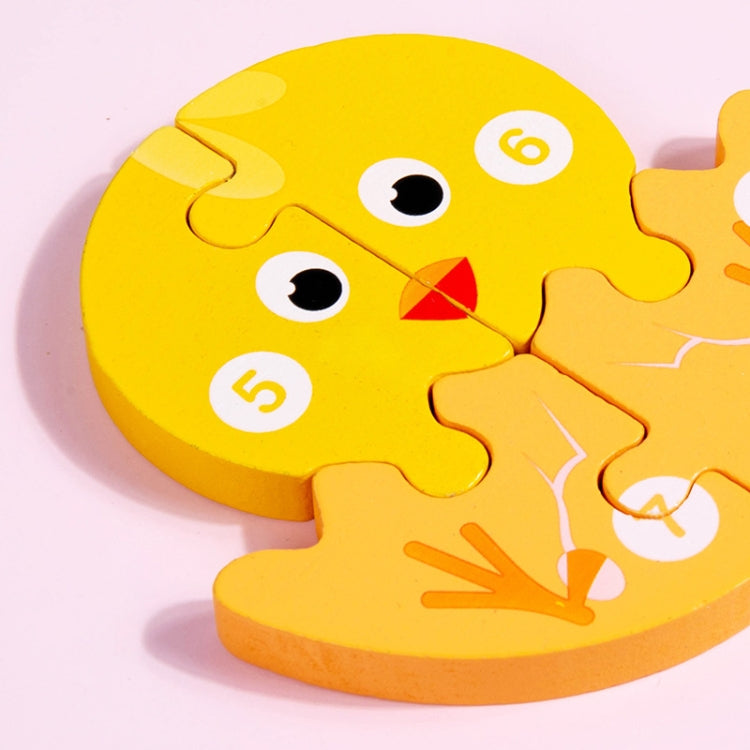 Yellow wooden animal jigsaw puzzle piece with face features and numbers