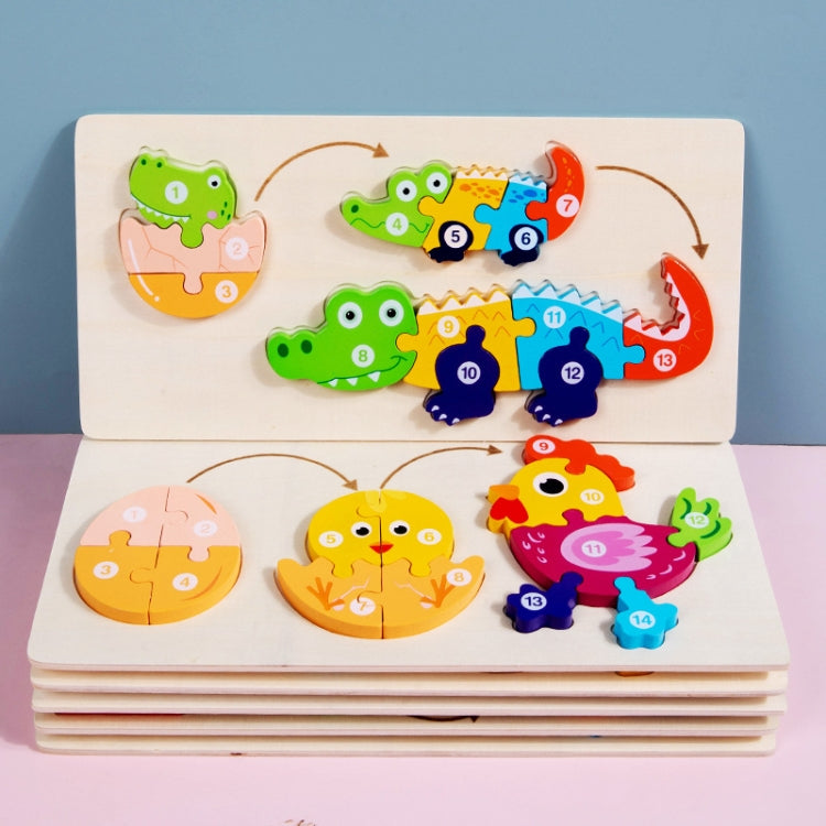 Wooden animal growth evolution 3D jigsaw puzzle with colorful numbered pieces on base board