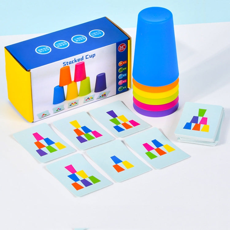 Multicolor stacking cup game set with plastic cups, playing cards, and storage box