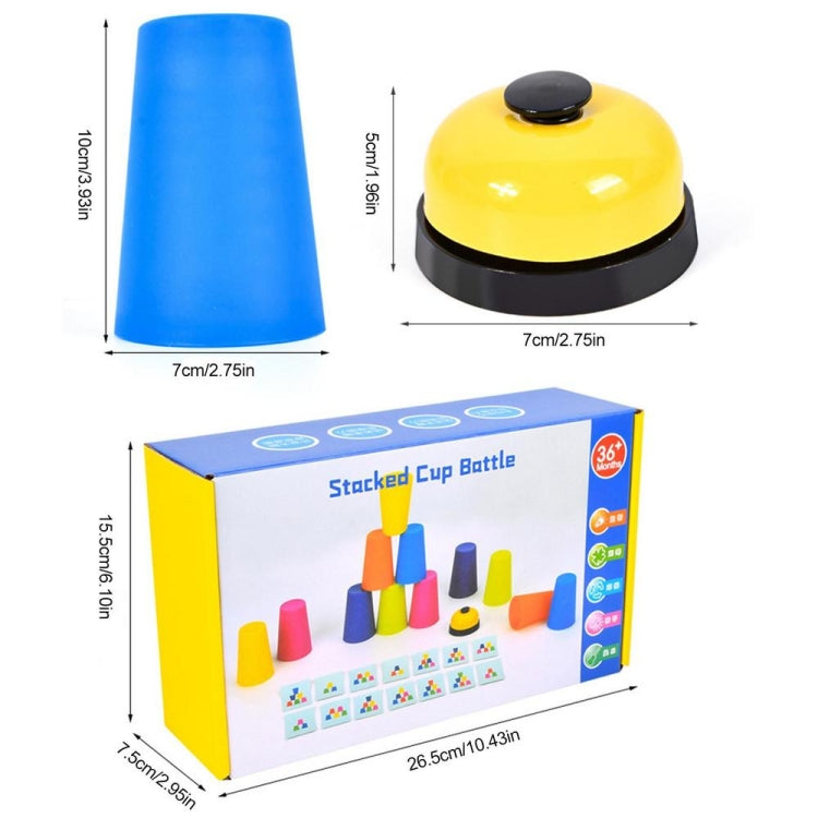 Blue and yellow stacking cups with dome button, shown with product box