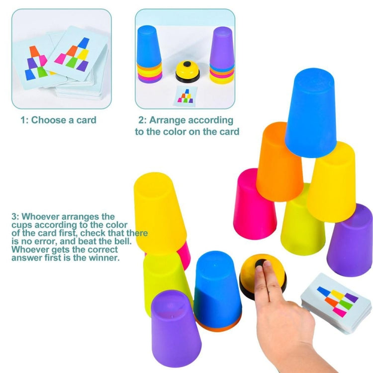 Hand stacking multicolor cups with colorful game cards