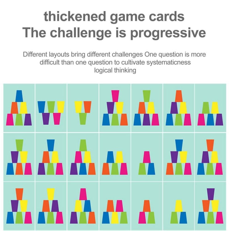 Thick game cards featuring colorful stacking cup patterns in a grid