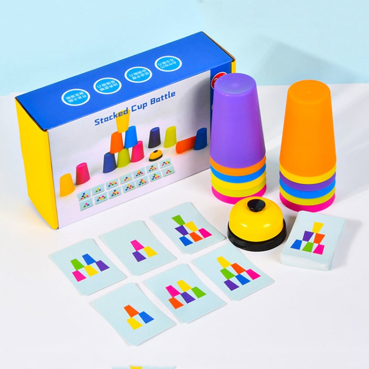 Multicolor stacking cups with cards, stacked cup tower, and yellow base piece