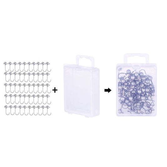 Assorted silver lead head fishing hooks with anti-drop design, in clear storage box