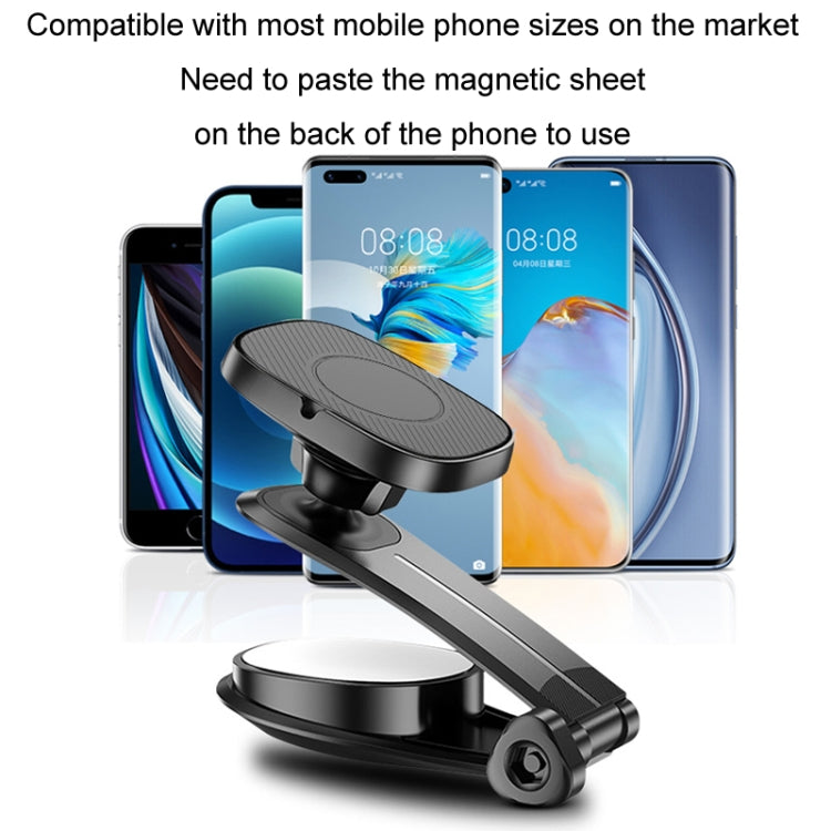 Black car magnetic phone holder with adjustable arm holding a smartphone