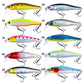 Ten labeled floating fish lures with treble hooks in multiple colors and patterns