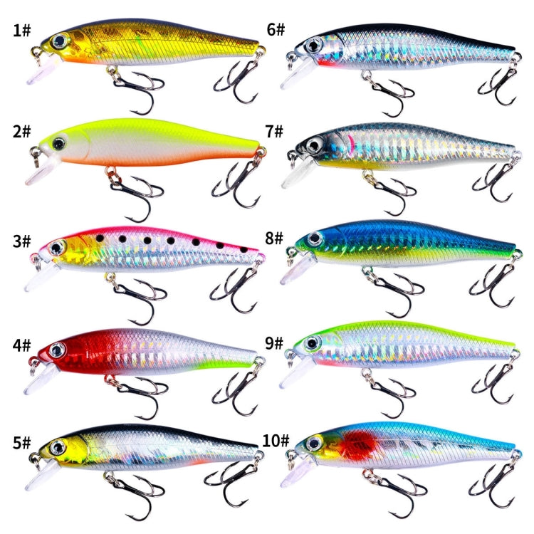 Ten labeled floating fish lures with treble hooks in multiple colors and patterns
