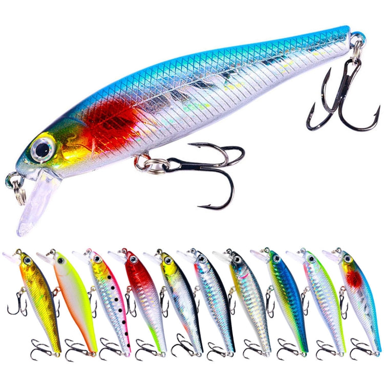 Floating fish lure with rainbow-scaled body and clear lip, shown with multiple color options