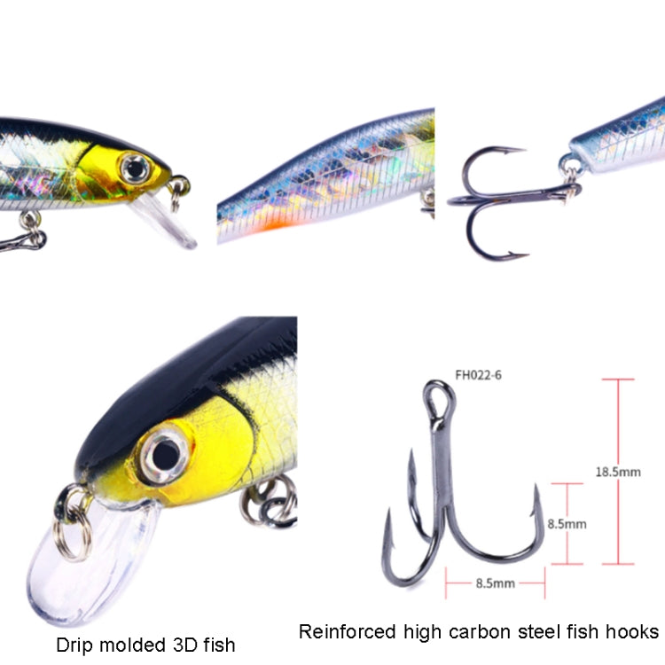 Floating fish lure detail with treble hooks, realistic eyes, and clear lip