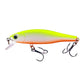 Floating minnow fake bait lure in neon green and orange with transparent lip and treble hooks