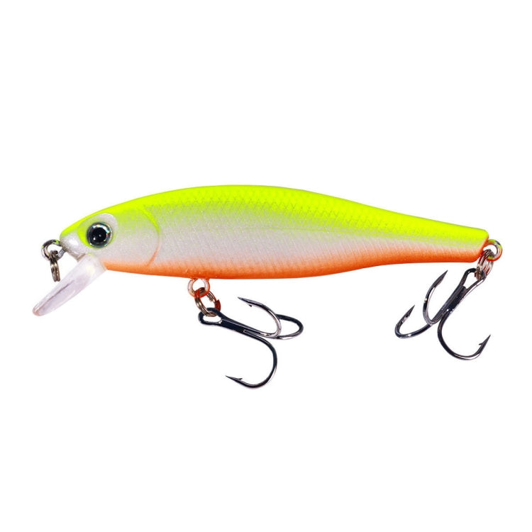 Floating minnow fake bait lure in neon green and orange with transparent lip and treble hooks