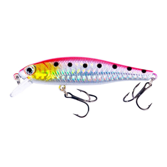 Floating minnow fake bait lure in red and silver with speckled scales, transparent lip, treble hooks