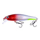 Floating minnow fake bait lure in red and silver with prismatic scales, transparent lip, treble hooks