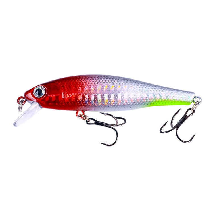 Floating minnow fake bait lure in red and silver with prismatic scales, transparent lip, treble hooks