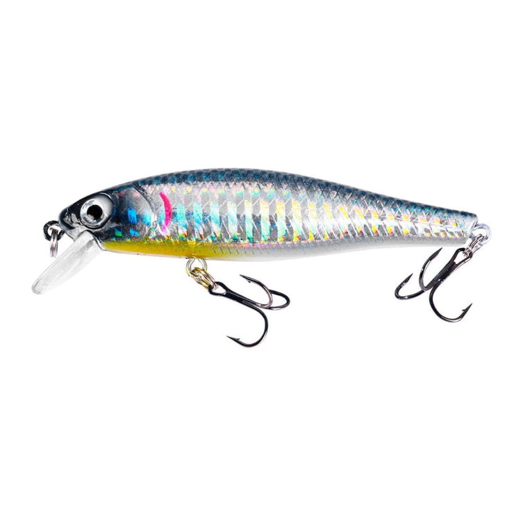 Floating minnow fake bait lure in silver blue with multicolor accents, transparent lip, treble hooks