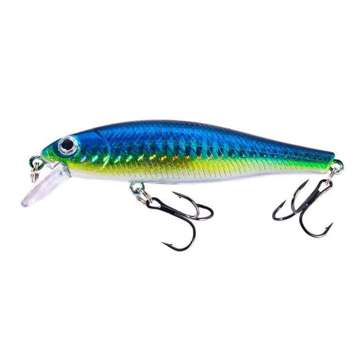 Floating minnow fake bait lure in teal blue and green with transparent lip and treble hooks