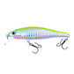 Floating minnow fake bait lure in white silver with iridescent scales, transparent lip, treble hooks