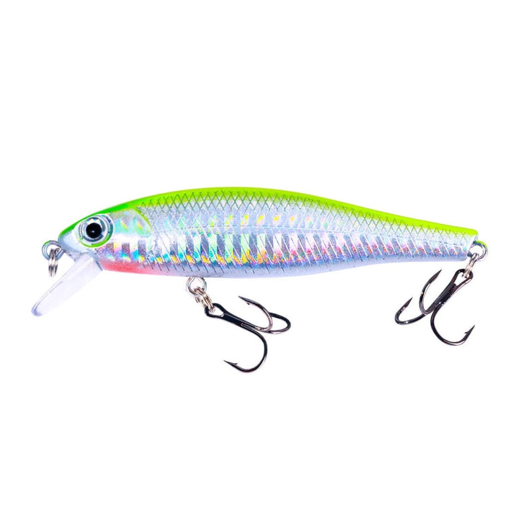 Floating minnow fake bait lure in white silver with iridescent scales, transparent lip, treble hooks