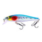 Floating minnow fake bait lure in blue and silver with red head, transparent lip and treble hooks