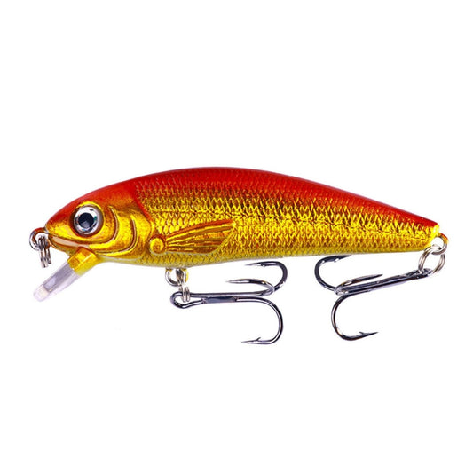 Gold-yellow floating minnow lure with red back, blue eye, clear lip, treble hooks.